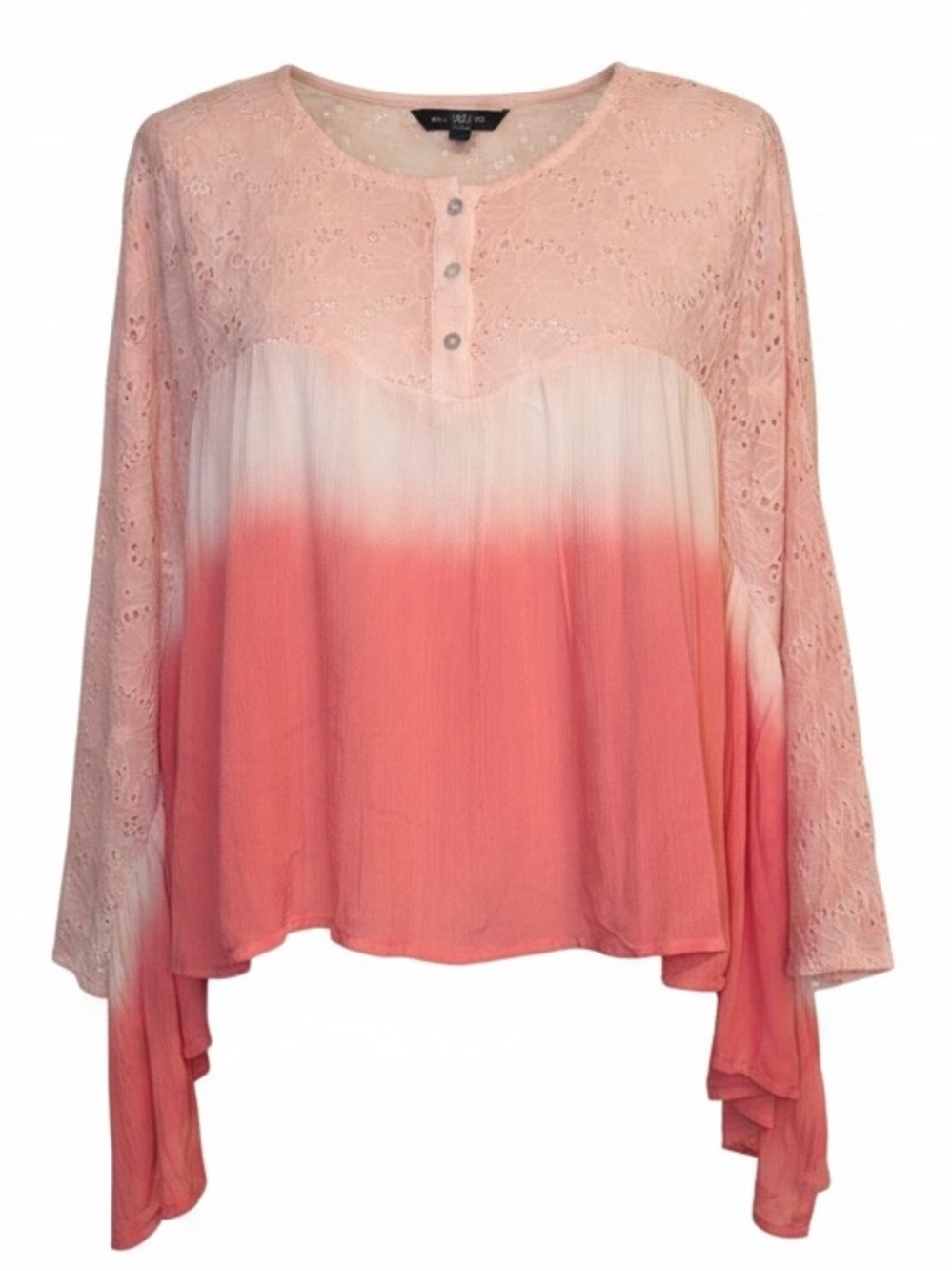 MYRA BAG Boho Style Henley Blouse Draped Sleeves Ombré Dip-Dye Pink-White SZ S